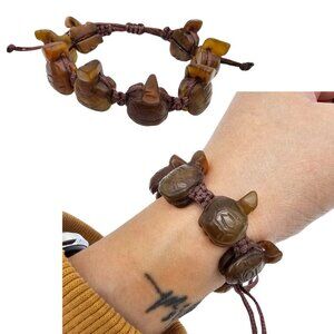 Vintage Hand Carved Stone Turtle Adjustable Rope Bracelet, Brown, One Size